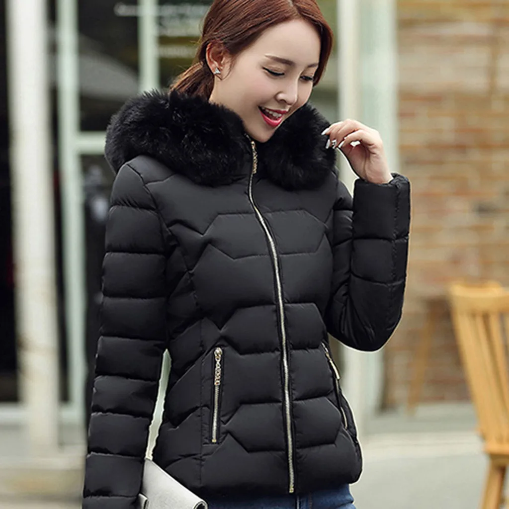 Зимние женские хлопковые парки короткие с искусственным воротником пальто