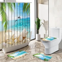 ocean beach dolphin landscape shower curtain summer green plant leaf sea scenery home deco bath mat toilet cover bathroom carpet