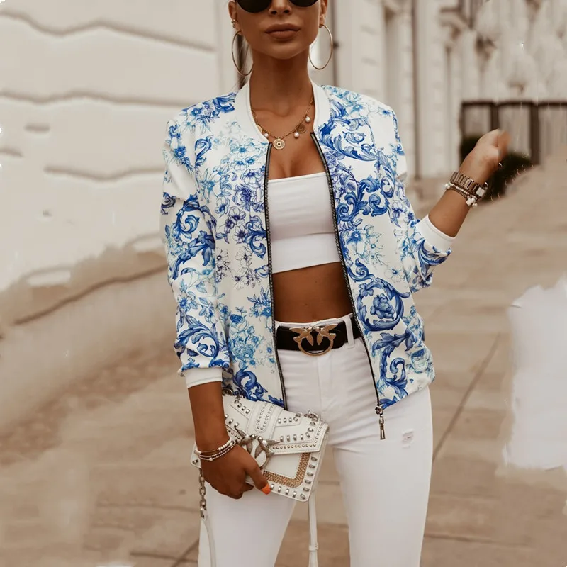 Женская куртка бомбер с цветочным принтом повседневная винтажная на молнии
