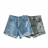 za 2021 summer women ripped fur edge denim shorts ladies pocket fashion frayed jean pants versatile mid waist hole short jeans