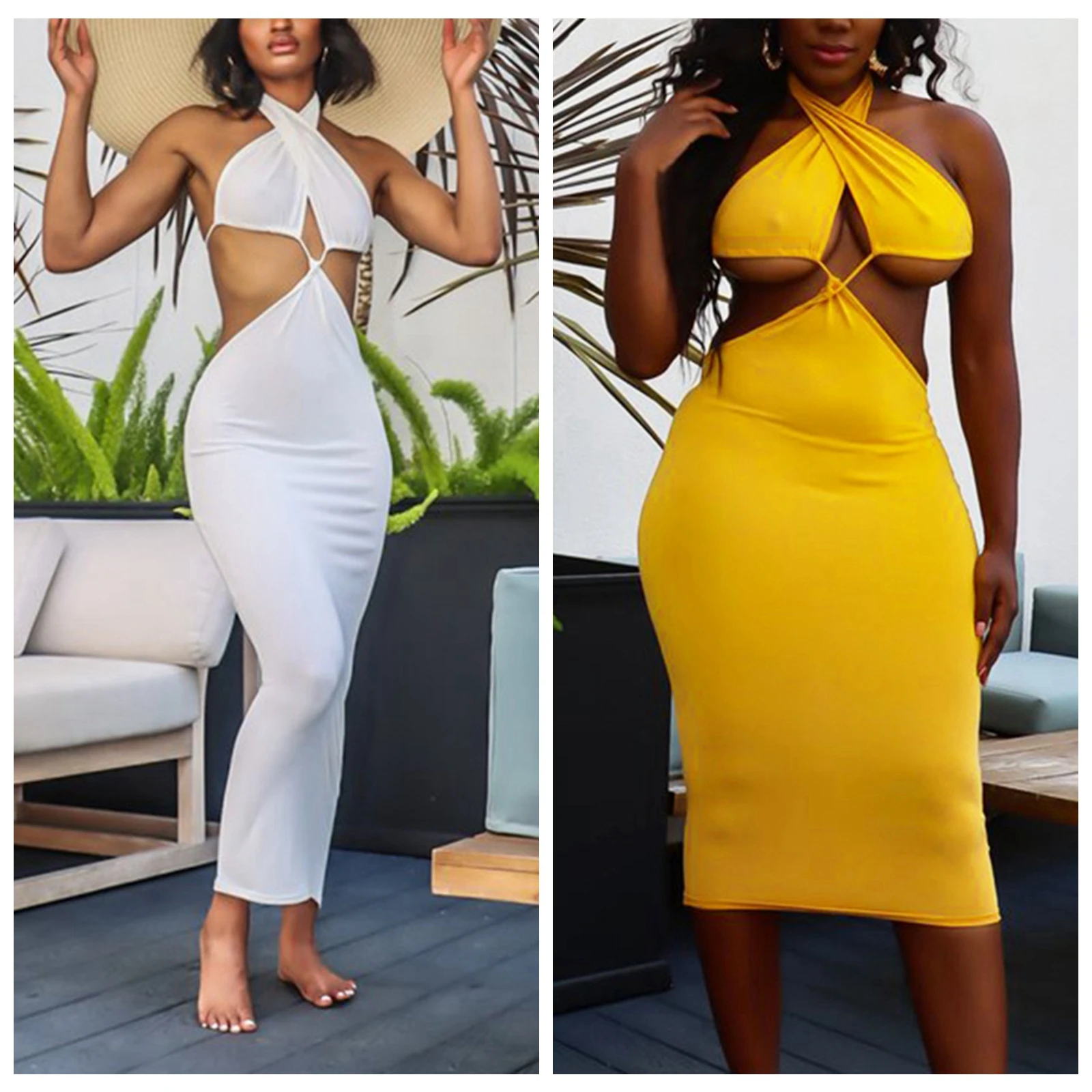 

2021 Summer New Fashion Women Close-fitting Hollow Out Dress, Solid Color Halter Neck Backless,White/ Yellow