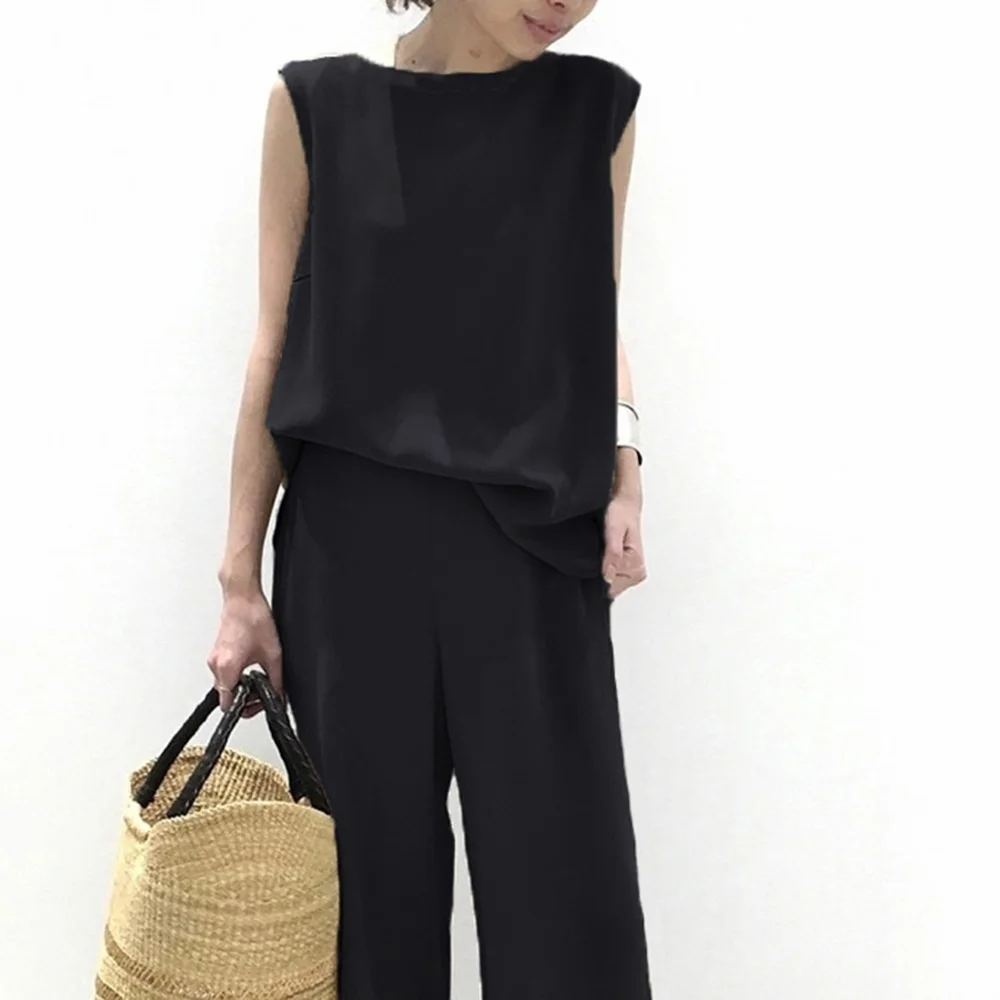 

Two Piece Sets Wmen Wild Leg Plain Trousers Fashion Loose Long Pants And Round Neck Sleelveless Pullover Fashionable 2 Pcs Setup