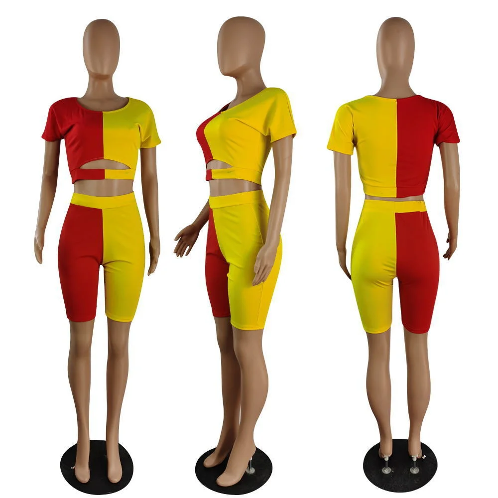 

Contrast Color Patchwork Short Sleeve Crop T-shirt High Waist Biker Short Two Piece Club Outfits Summer Streetwear Matching Set
