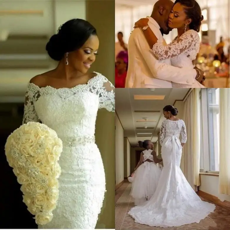 

Mermaid Wedding Dresses Off Shoulder Full Lace Applique Beaded Sash 3/4 Long Sleeves Sweep Train African Nigerian Bridal Gowns