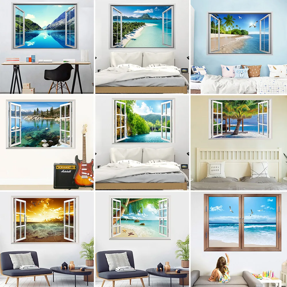 

Beach Seagull Balloon Wallpaper 3D False Window Scenery Self-adhesive Wall Stickers Bedroom Living Room Removable Vinyl Poster