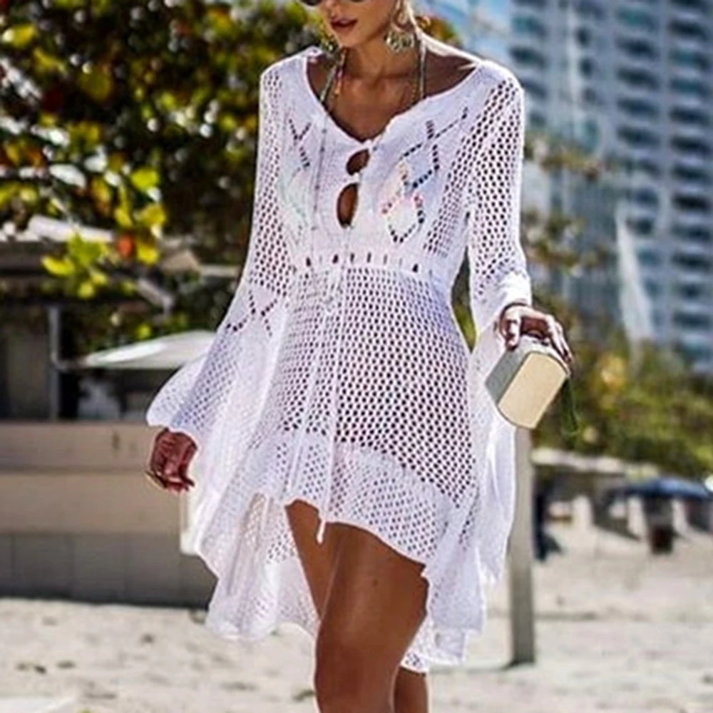 

2021 Sexy Cover Up Bikini Women Swimsuit Cover-up Beach Bathing Suit Beach Wear Knitting Swimwear Mesh Beach Dress Tunic Robe