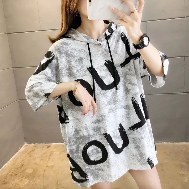 

2021summer New Korean Style Large Size Loose Hooded Short Sleeve T-shirt for Plump Girls 200 Jin Belly Covering Half Sleeve Top