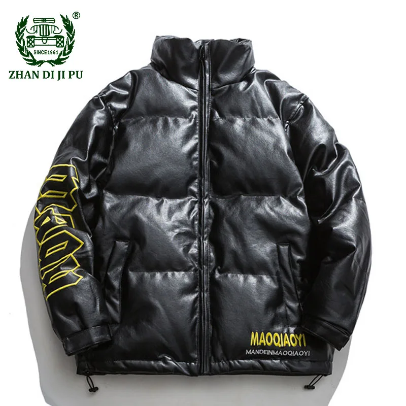 

Streetwear Letter Embroidery Oversize PU Leather Parkas Mens Harajuku Cotton Solid Color Winter Padded Warm Loose Jackets Unisex