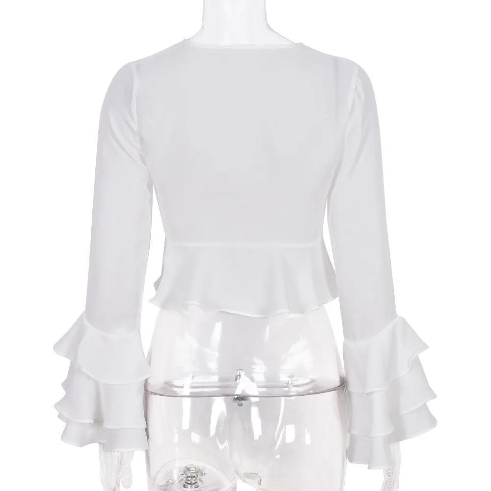 

ArtSu Fashion Woman 2021 Autumn Flare Sleeve Sexy Wrap Crop Top Ruffles Deep V Neck Bandage Shirt Lady White Tops Streetwear