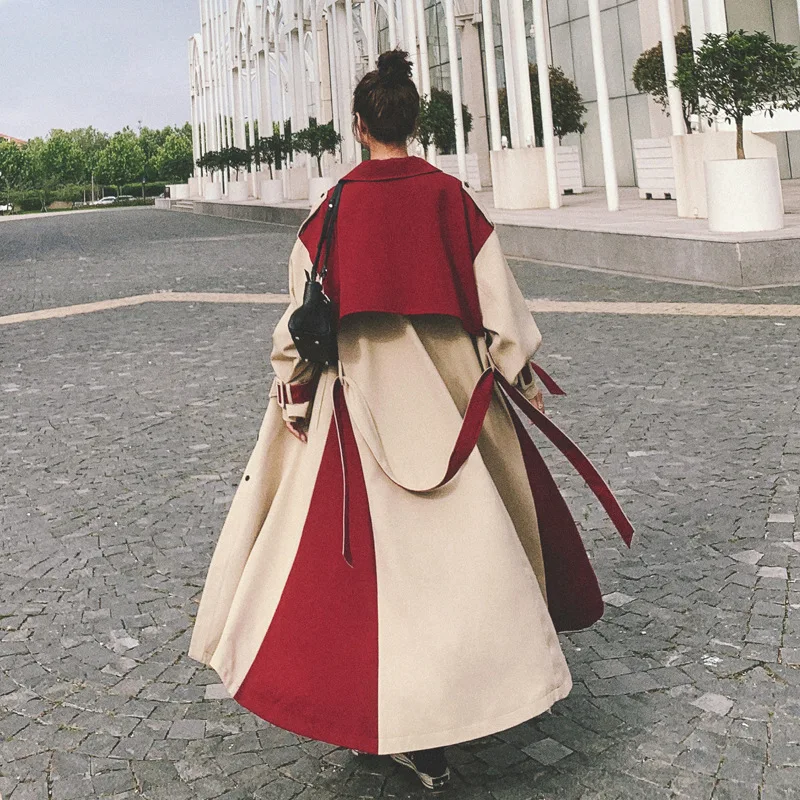 

Plus Size Long Trench Coat For Women Spring Fall Korean Loose Fashion Lapel Color Matching Overcoat Single Breasted Jacket