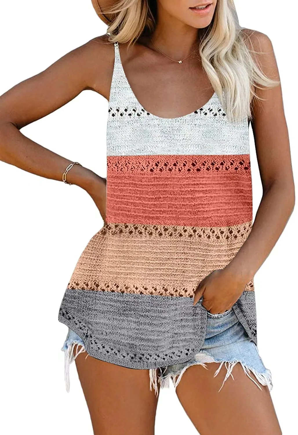 

2021 Spring and Summer New V-neck Loose Sexy Strap Splicing Vest Knitted Beach Top