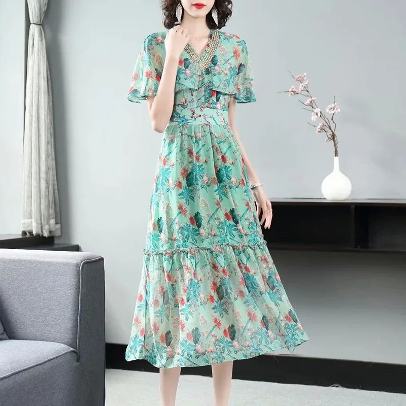 

Summer Fashion New Temperament Elegant V-neck Diamond Flower Floral Print Slit Stitching Stringy Selvedge Dress