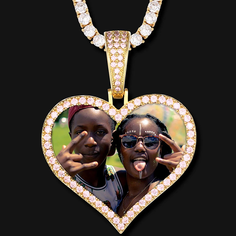 

Heart-Shaped Medallion Custom Photo Pendant Necklace Unisex Hip Hop Personality Name Engraved Zircon Jewelry Gifts