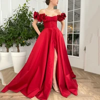 red satin long prom dresses 2021 flowers off shoulder sexy formal women evening party gowns with pockets buttons split front