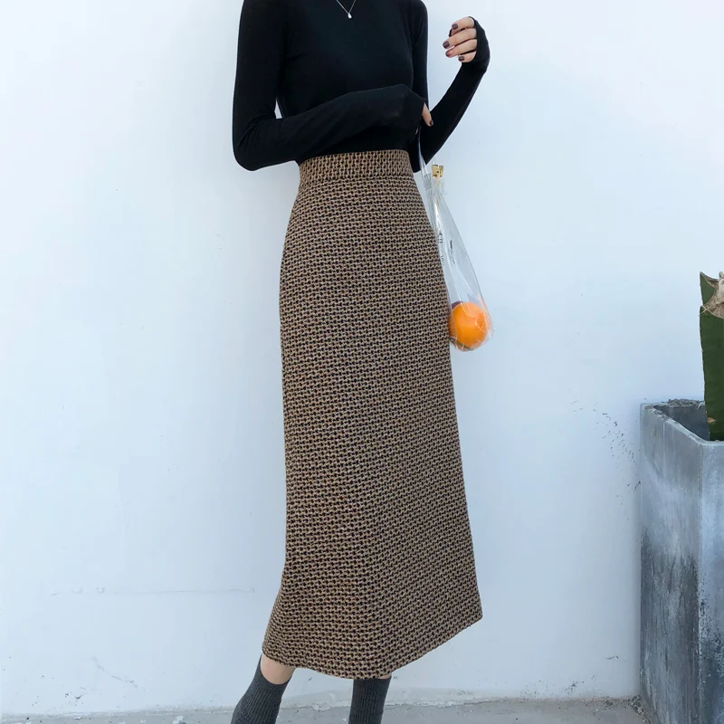 Женская шерстяная юбка карандаш в клетку модельная элегантная твидовая OL