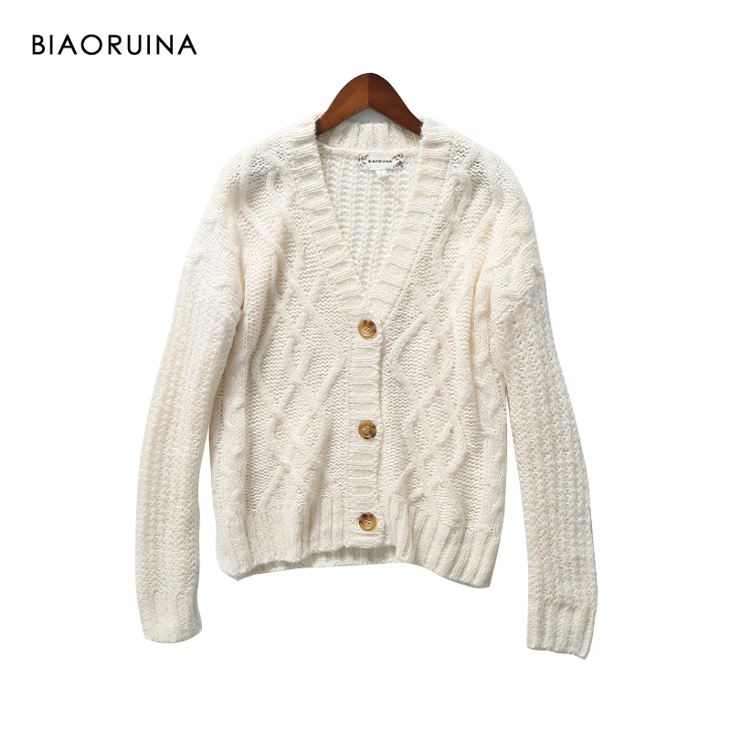 BIAORUINA Women's Beige Loose Single Breasted Winding Knit Cardigans Female Keep Warm Vintage V-neck Oversized Sweater |