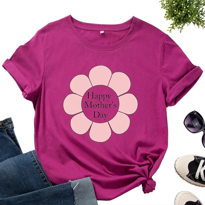

Plus Size O-Neck Loose T-Shirt Women Print Happy Monther's Day Cotton t Shirt Female Pullover Casual Tshirts Tees Top Summer