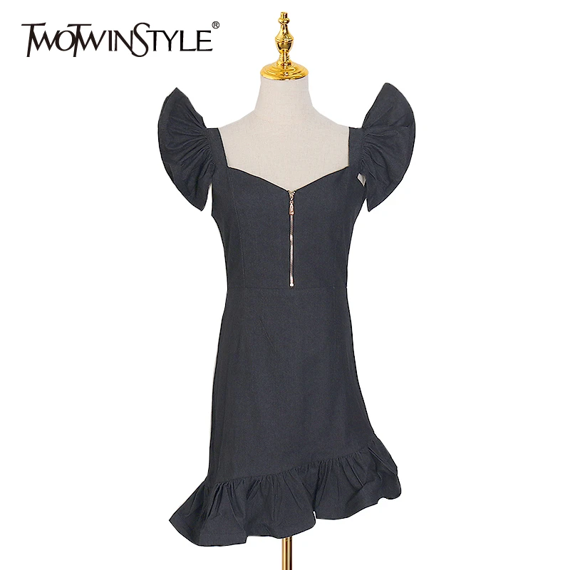 TWOTWINSTYLE Elegant Dresses Female Square Collar Ruffle Sleeve High Waist Irregular Hem Dress Women Fashion 2020 Spring Clothes | Женская