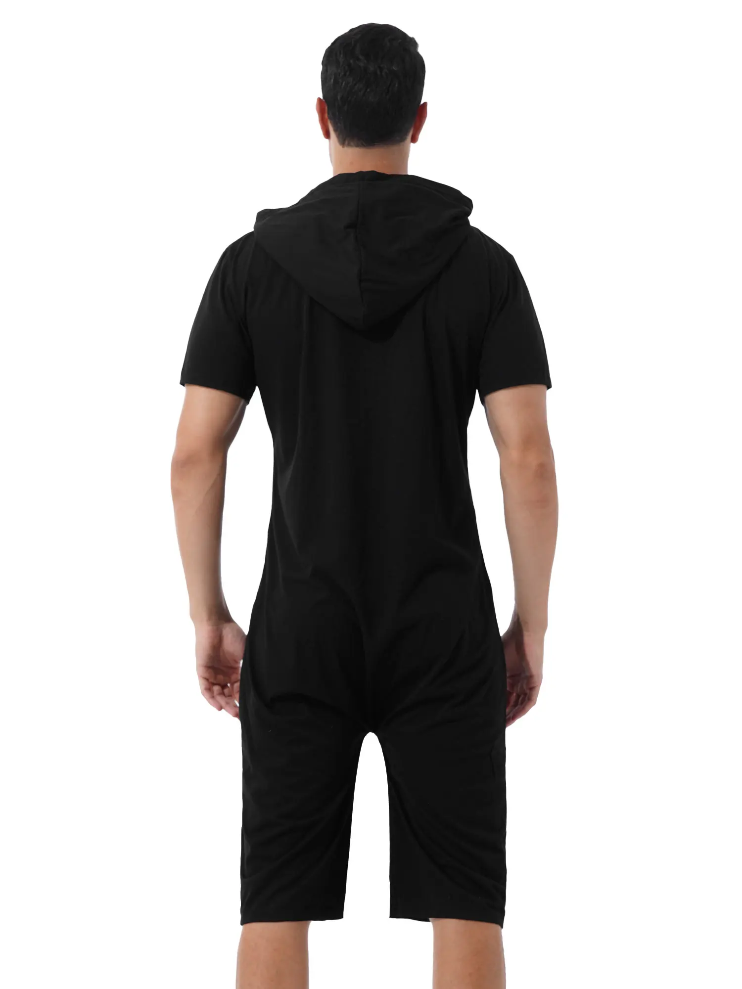 Mens Rompers Hooded Tracksuit Loungewear Casual Short Sleeve Zipper One Piece Jumpsuit Pajamas Sleepwear