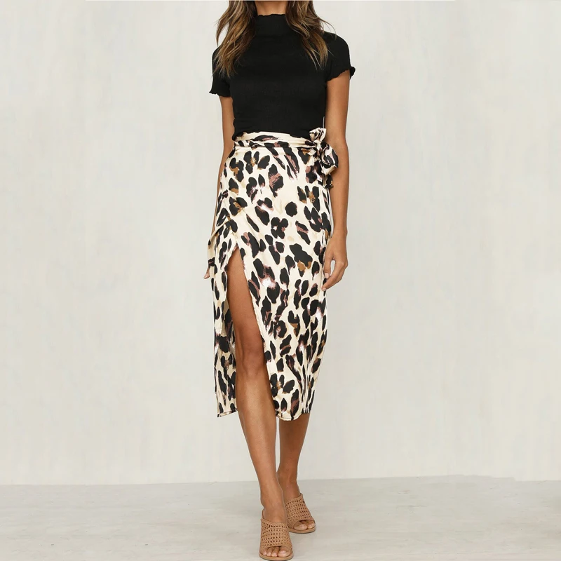 Женская леопардовая юбка облегающая с поясом со шнуровкой и Боковым