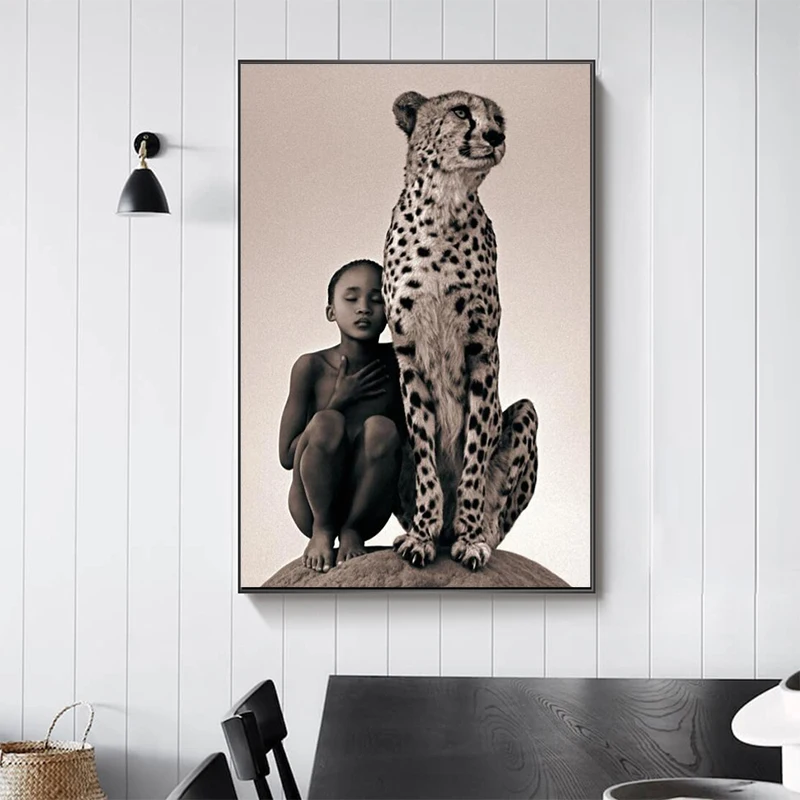 

Boy and A Cheetah Canvas Painting Wild African Animal Posters and Prints Wall Art Pictures for Living Room Home Decor Cuadros