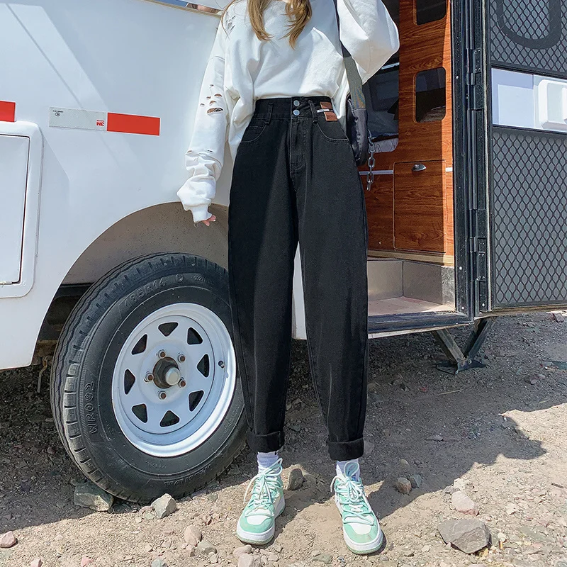 Джинсы-шаровары женские с завышенной талией прямые брюки-султанки свободного