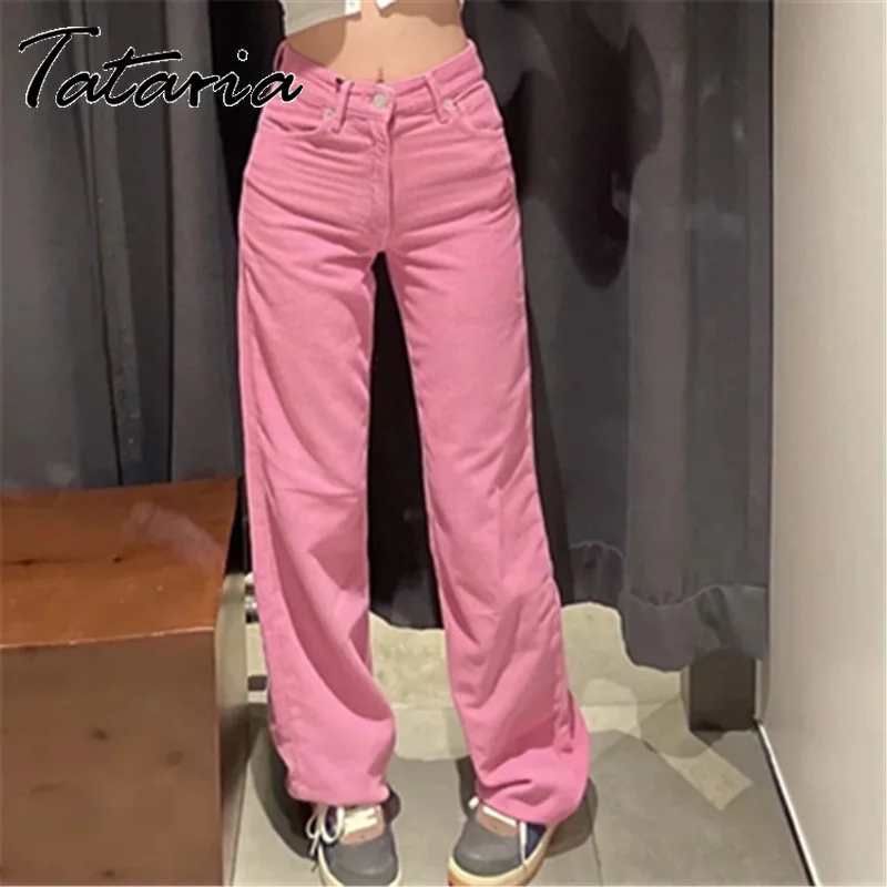 

Corduroy Straight Leg Pants Woman High Waist Slack Fall Winter with Pockets Streetwear Baggy Trousers Pink Long Stacked Pants