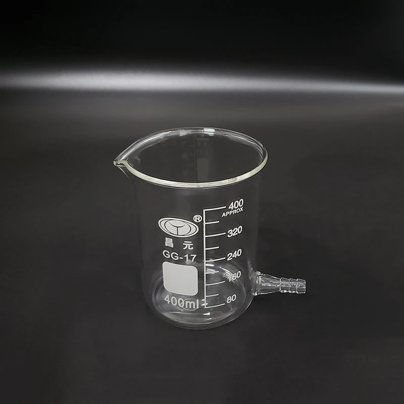 Beaker in low form with Lower tube,Capacity 400ml,Beaker with tubules,Outer diameter=80mm,Height=110mm,Laboratory beaker