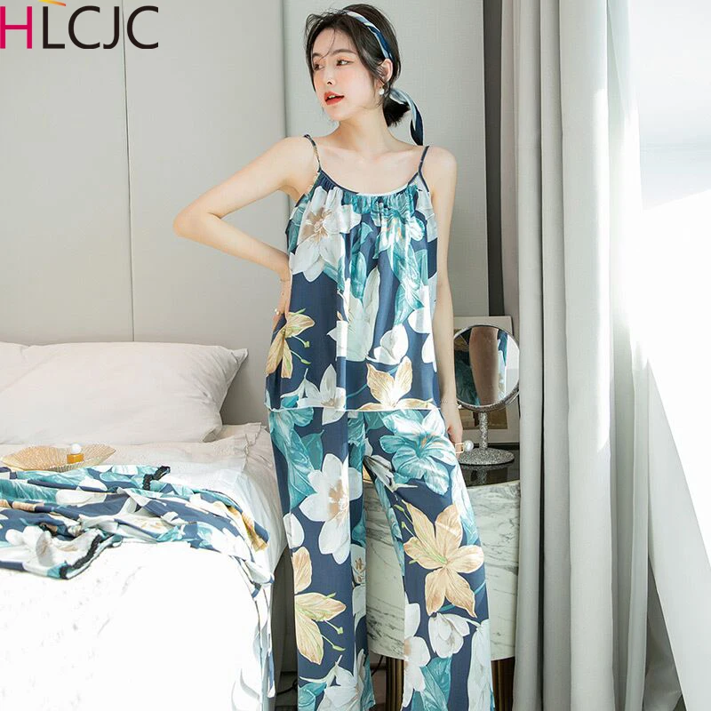 

Women's Pajama Set Soft Cotton Sling And Long Pants 2 Pieces Flowers Homesuit Summer Spaghetti Straps Pyjamas Femme Nightwear