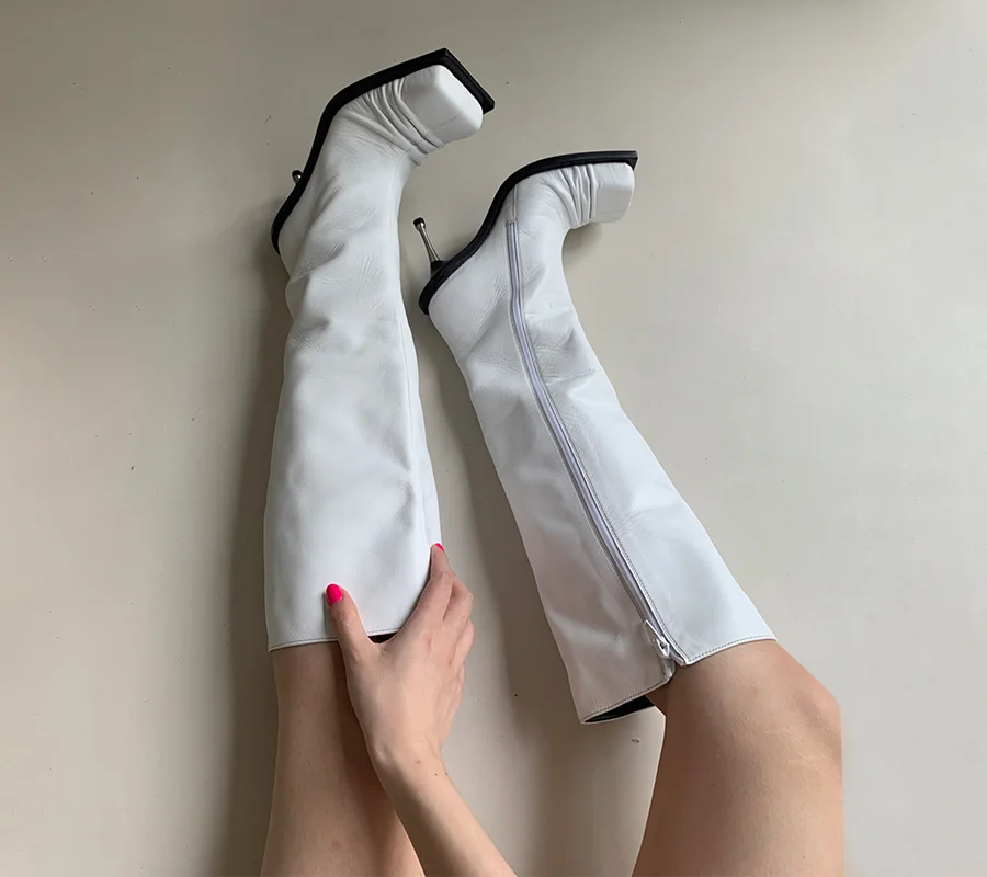 

Summer New Style Square Head Side Zipper High Heel Knee-length Fashion Boots Female High Tube But Knee-folded All-match Boots