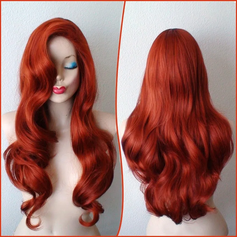 

Halloween RED Long Wavy Synthetic Rabbit Cosplay Wig Copper Red With Big Swap Bangs Drag Queen Wig Little mermaid Hair