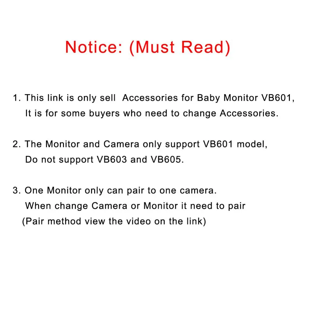 

VB601 baby monitor parent unit accessories, 2.0 inch LCD screen baby monitor camera power adapter cable for VB601
