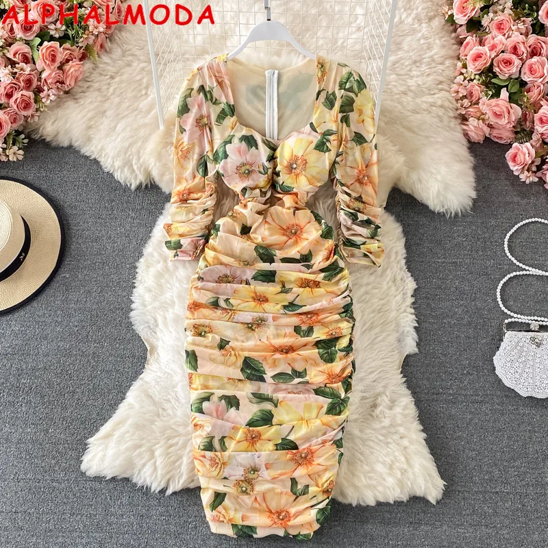 

ALPHALMODA 2021 Summer Women Floral Printed Gauze Dress Square Collar Pleated Slim Ladies Elegant Dress