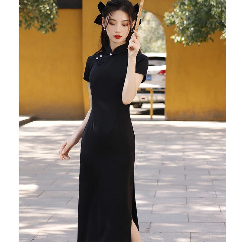 Современное китайское платье для вечеринки Qipao современное женское черное