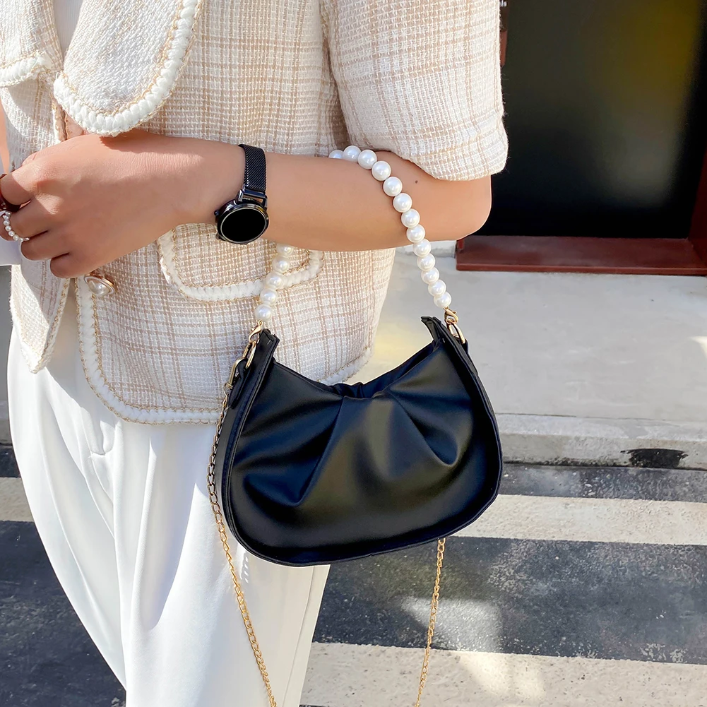 

Pleated Shoulder Crossbody Messenger Bag for Women Simple PU Solid Color Shoulder Bag Leisure Pearl Chain Shopping Hanbag