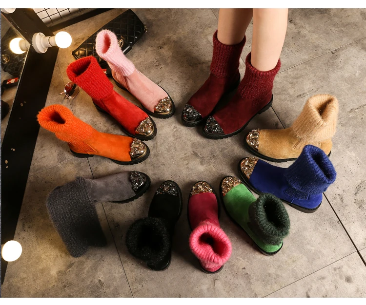 Botas Mujer; зимние вязаные сапоги; женские сапоги до середины икры; Bota Feminina; обувь со стразами; женские эластичные сапоги; Botines Mujer; коллекция года; Zapatos De Mujer