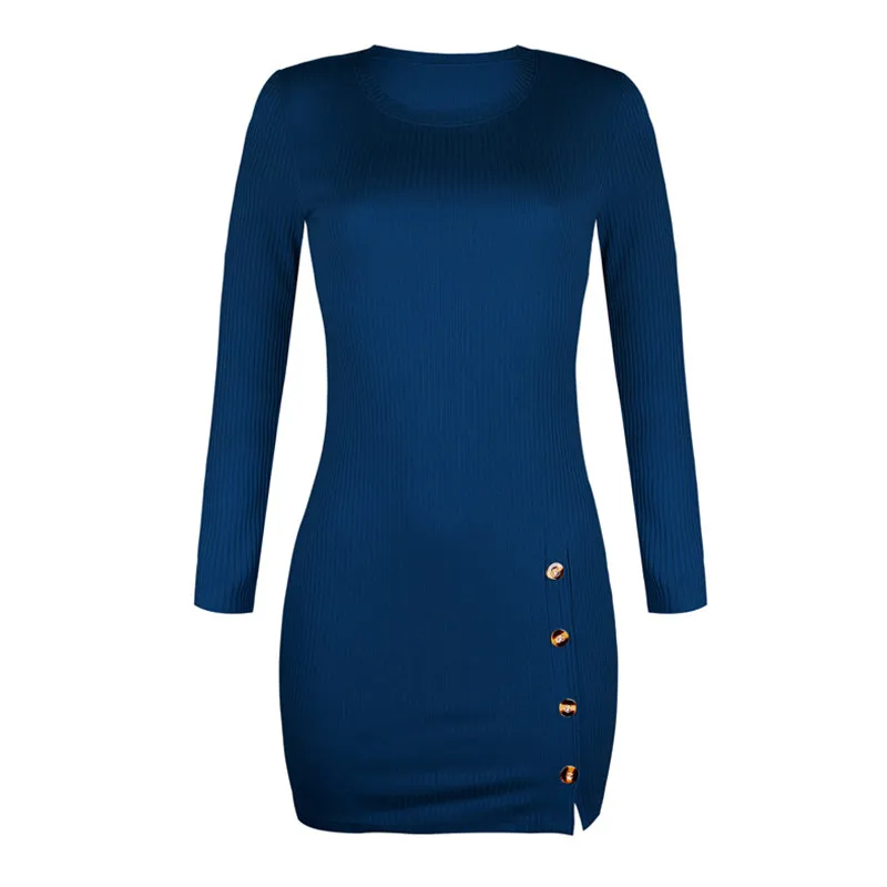 

Women Sexy Fashion Side Split Dresses Package Hip Slim Button Charm Vestidos O-neck long-sleeved Mini Dress