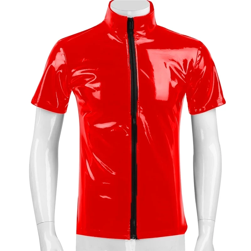 

Mens Sexy Glossy PVC Leather short-sleeved Shirt Erotic Shaping Latex Casual Coat Male Shiny Metallic Patent Leather Tops Sexi