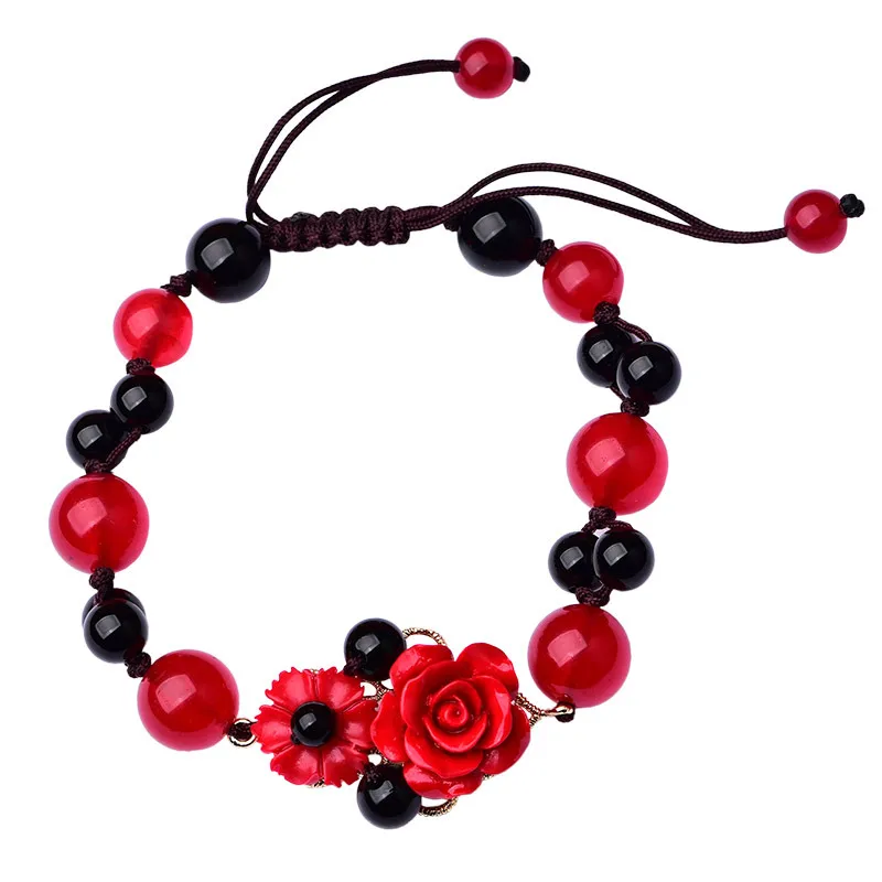 Hand Knitted Vintage Black Onyx Beads Strand Bracelet Classical Cinnabar Synthetic Flower Charm Bracelets Woman Jewelry Gift | Украшения и