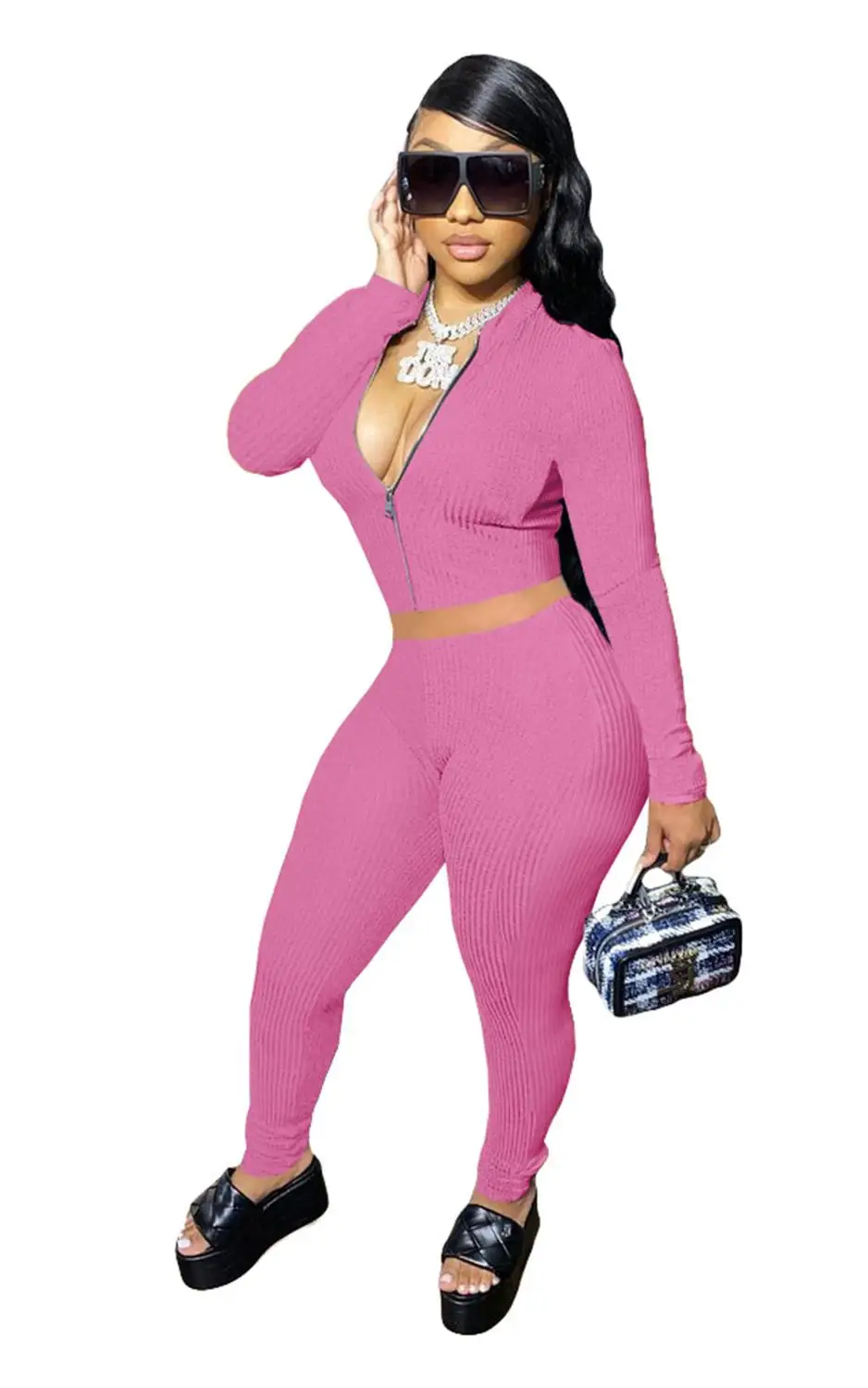 

European new fashion solid color slim sports two piece suit casual V-Neck long sleeve zipper coat top and trousers women's suit