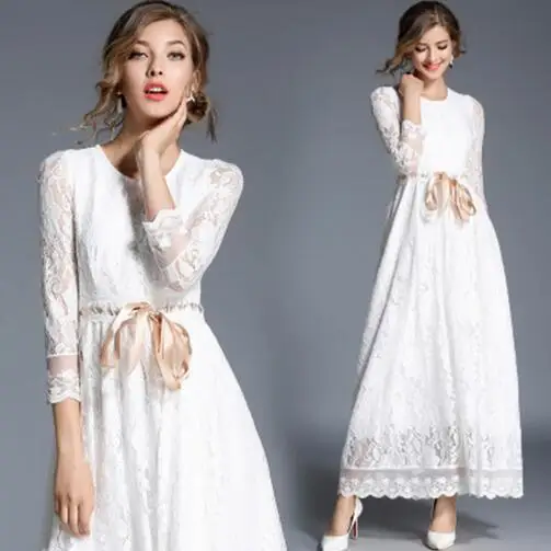 Женское длинное кружевное платье с поясом элегантное белое вечернее макси