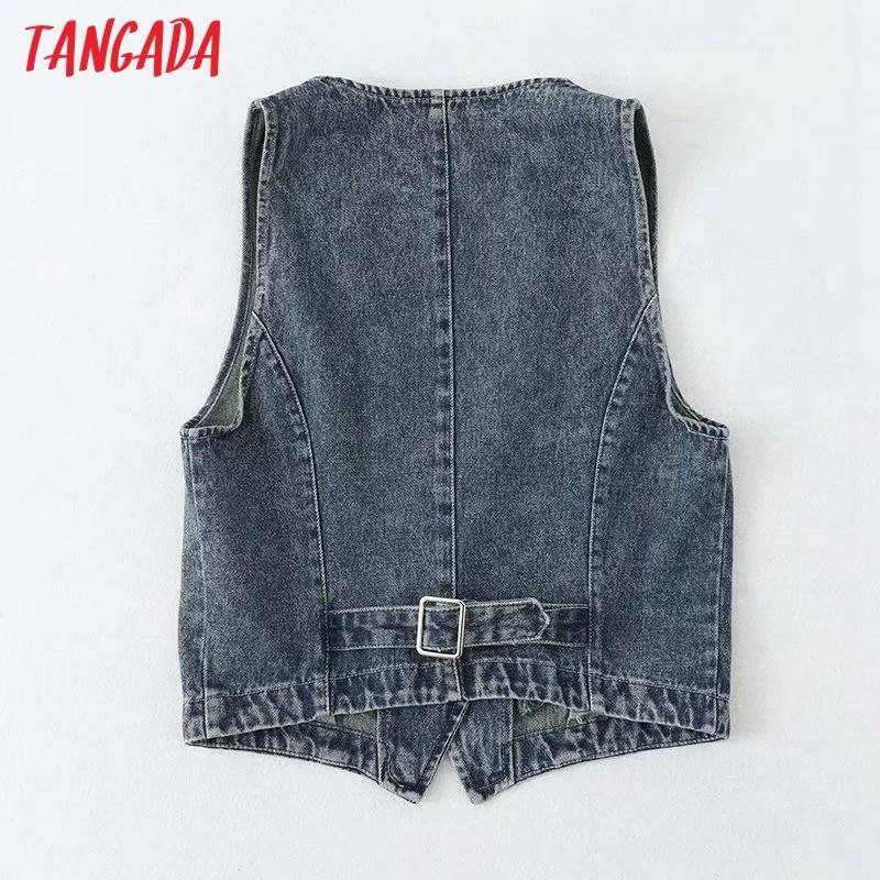 

Tangada 2021 Women Vintage Blue Denim Waistcoat Vest V Neck Sleeveless Female Tops 5B12