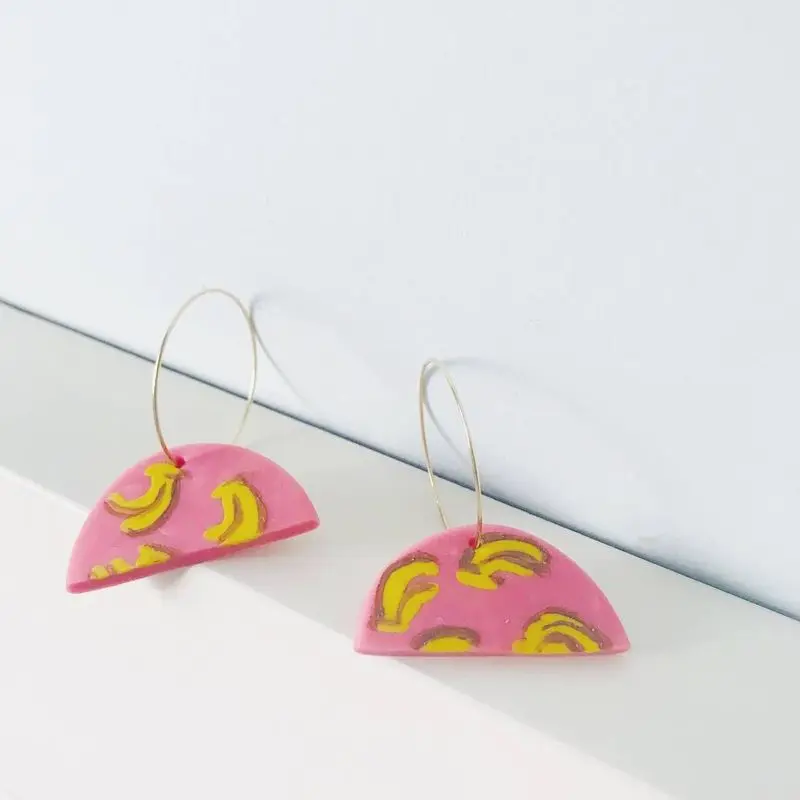 Женские розовые полукруглые серьги из банановой глины милые геометрические
