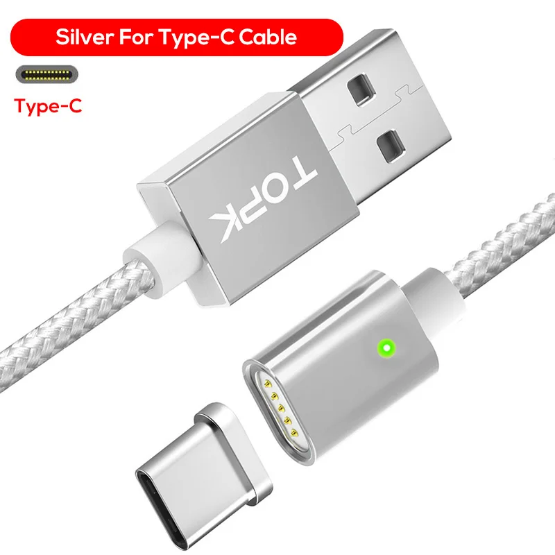 Sliver Cable TOPK F-Line Магнитный кабель usb type C 5 в 2.4A нейлоновый Плетеный Светодиодный индикатор USB C магнитное зарядное устройство, кабель для телефонов usb type-C - Цвет: Sliver Cable
