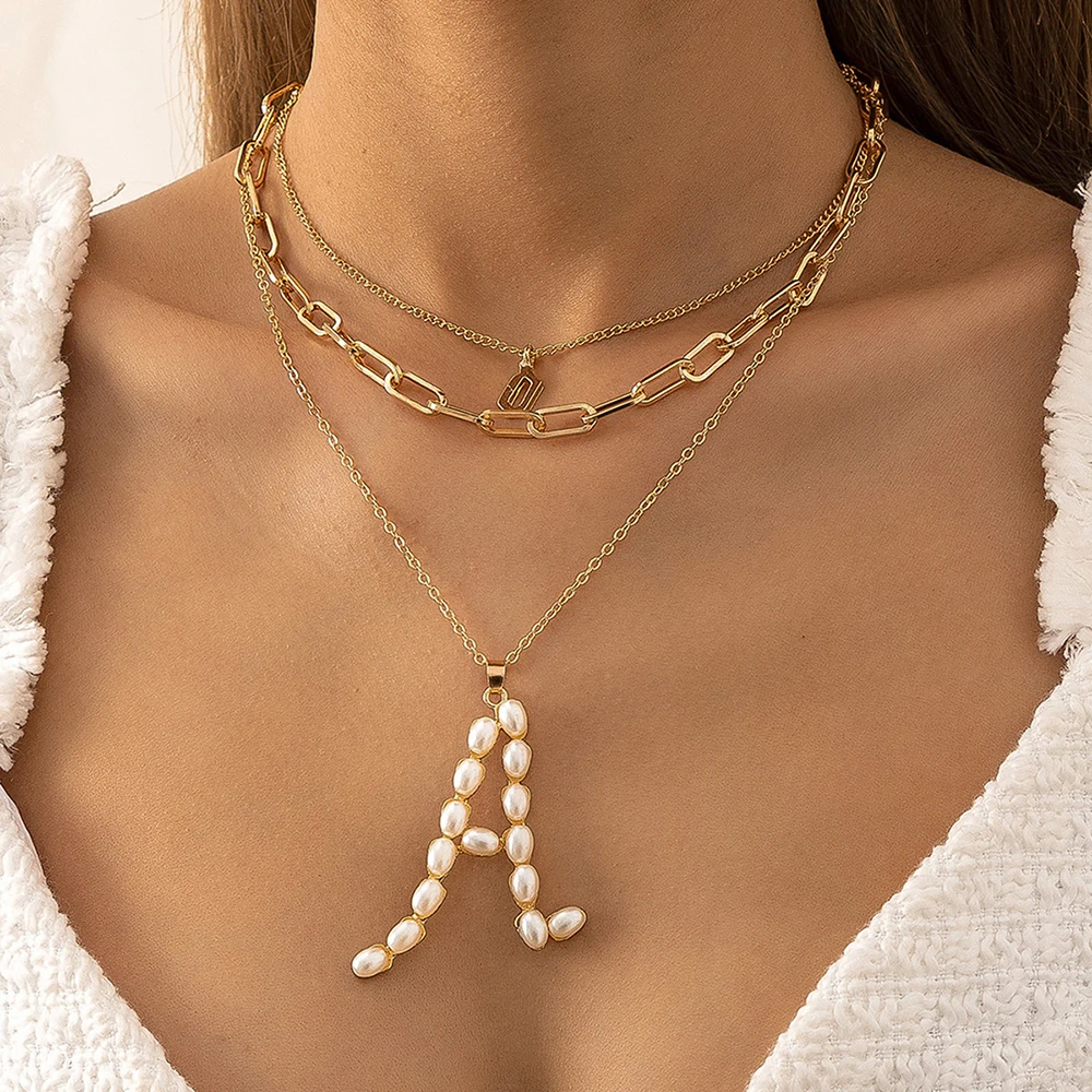 

Imitation Pearl Initial Letter Alphabet A Pendant Necklaces for Women Gold Color Multi Layered Chain Necklace Fashion Jewelry