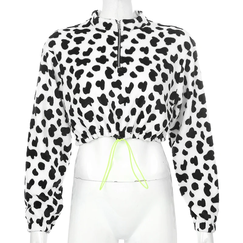 HEYounGIRL Cow Print Black White Crop Sweatshirt Women Casual Long Sleeve Pullover Hoodie Zipper Drawstring Autumn Winter Street