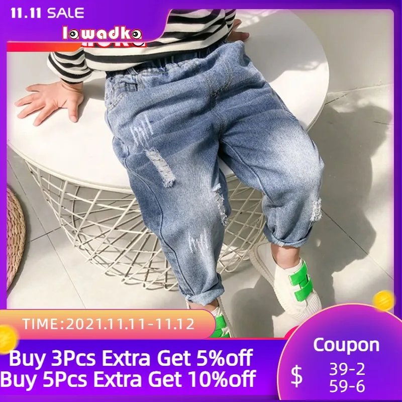 

Lawadka/Детские рваные джинсы для мальчиков весенне-осенние детские брюки для мальчиков Модная Джинсовая свободная удобная одежда возраст от 2...