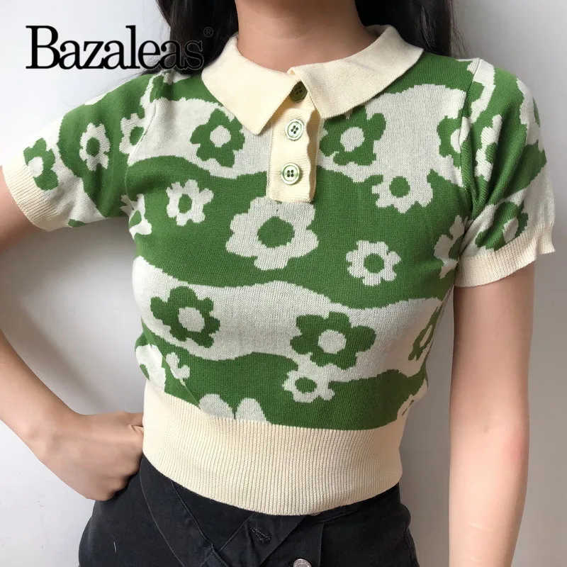 

Bazaleas отложной воротник Мода harajuku тройник зеленый цветочный пэчворк женская футболка винтажная трикотажная футболка женская Прямая достав...