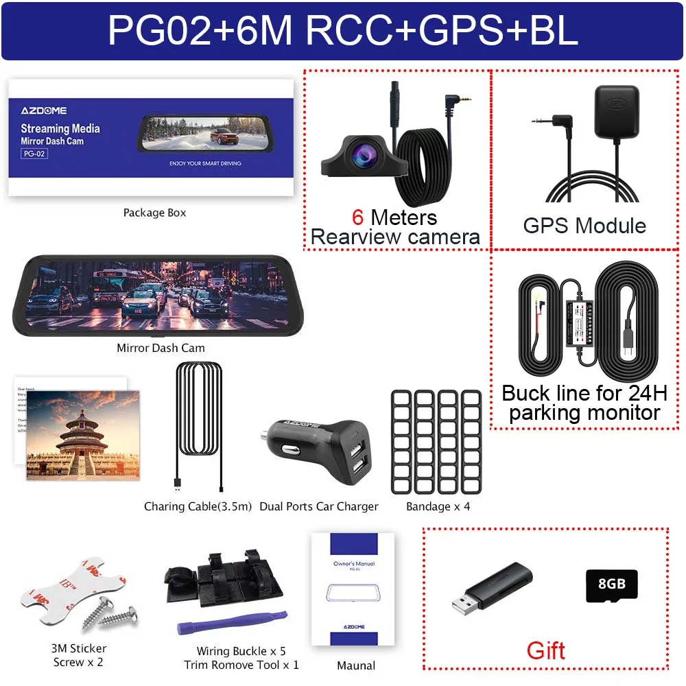 AZDOME PG02 1" зеркальный видеорегистратор с gps потоковым медиа Полноэкранный сенсорный ADAS двойной объектив ночного видения 1080P+ 720P Автомобильные видеорегистраторы - Color Name: PG02-6M RCC-GPS-BL