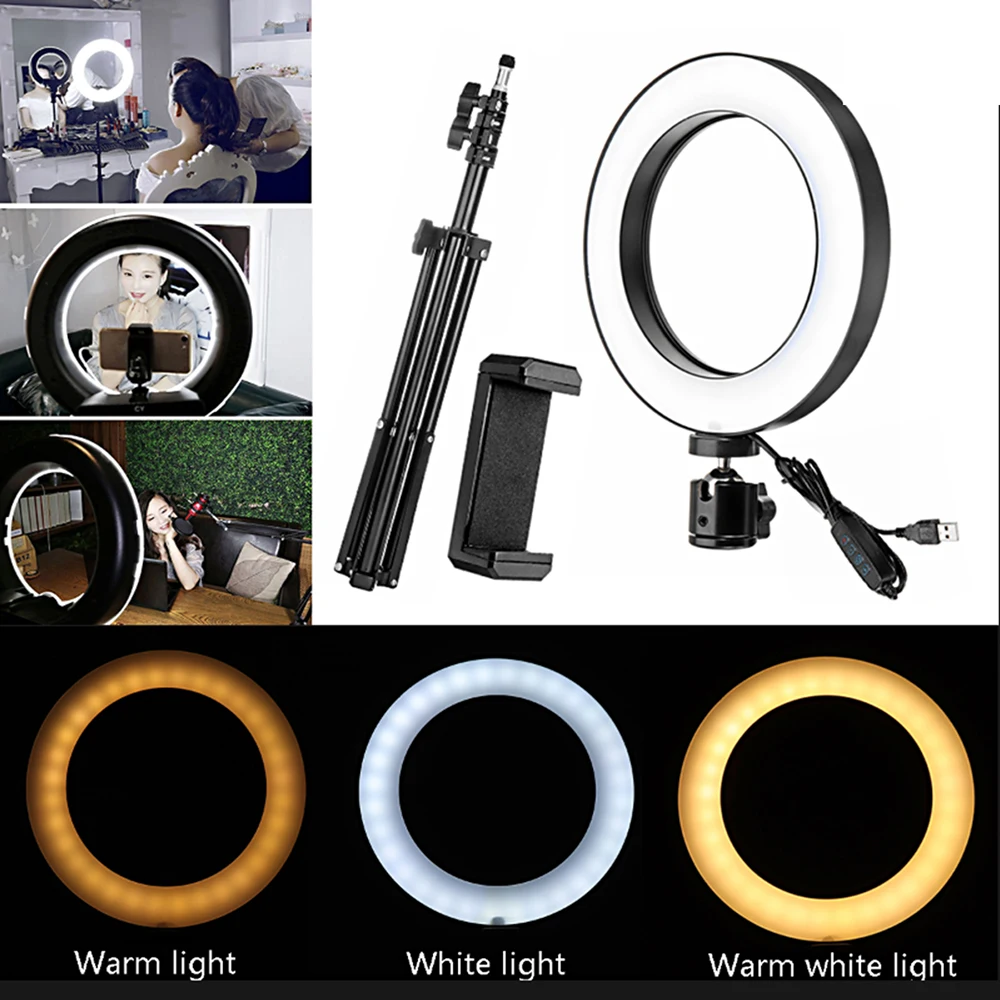 

L-E-D Loop Light Photo Video Light Dimmable Brightness with Tripod Selfie Camera Phone Stand